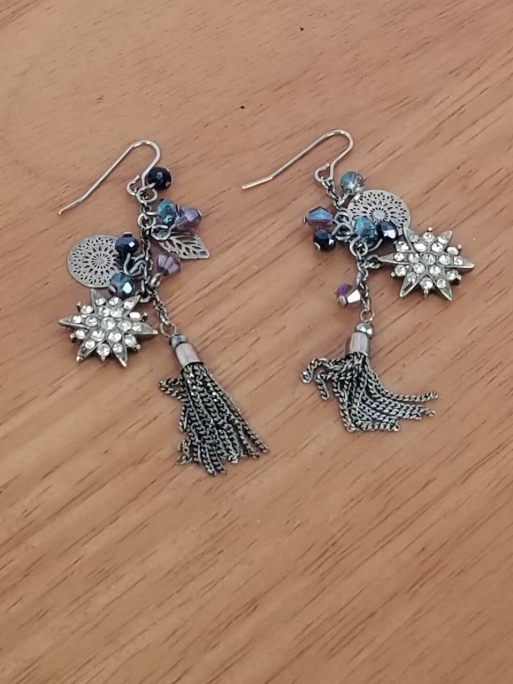 Fish Hook Dangle Earrings Brass Celestial 2.75" Drop Tassel